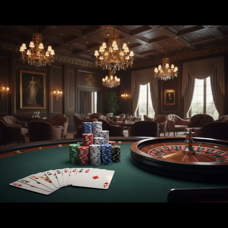 Casino hall with roulette table, chip stacks, and card fans